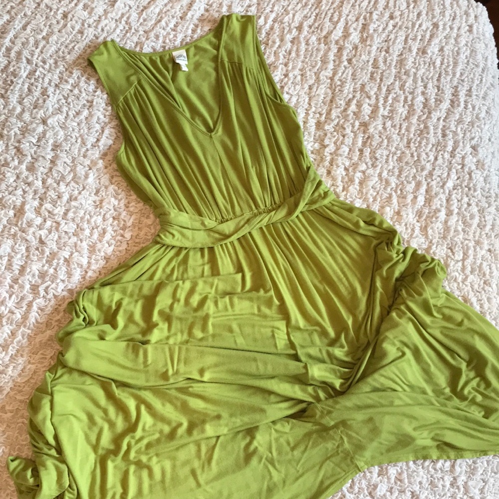 Asymmetrical lime green V-neck dress